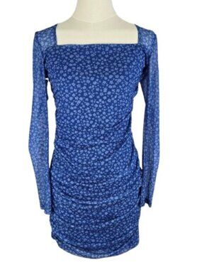 Women’s Ruched Bodycon Dress Sheer Long Sleeve Size M